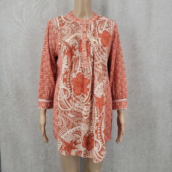 Soft Surroundings Tops - Soft Surroundings Floral Patterned 3/4 Sleeve Tunic Rust Terracotta and Cream